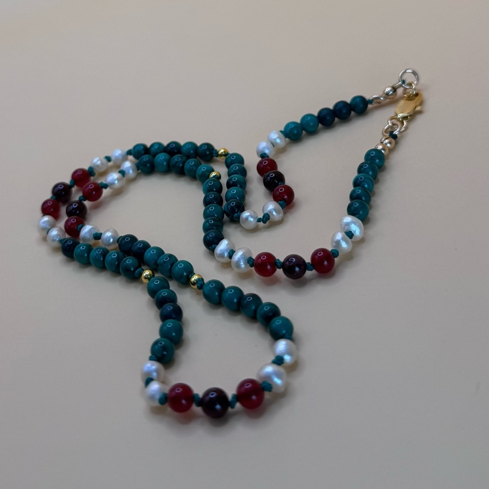 Malachite Carnelian Garnet Pearl Necklace – Gold Filled, Hand-Knotted, Handmade